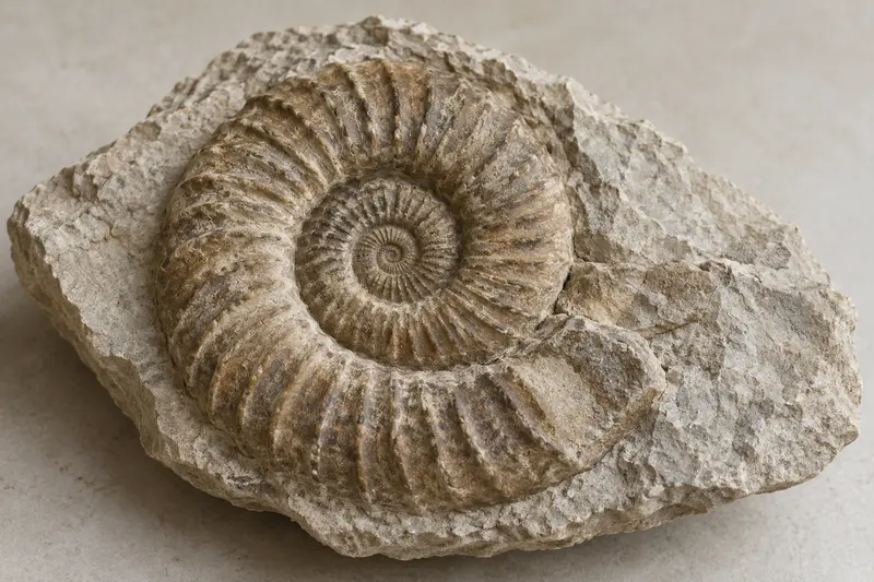 Spiral ammonite fossil represented in a limestone slab.