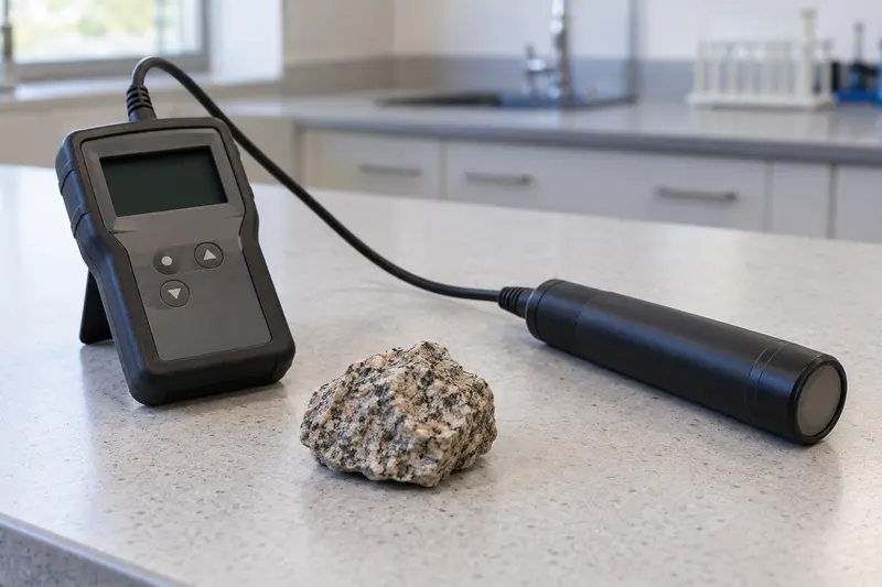 Radiation counter with a blank display and a connected probe beside an ordinary granite rock.
