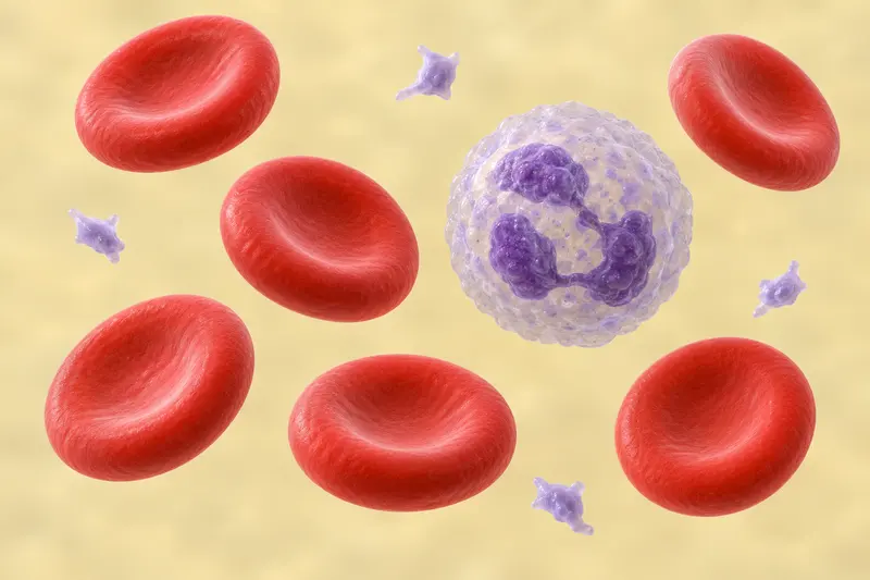Red biconcave cells without nuclei, a larger white cell with a lobed purple nucleus and small platelet fragments.