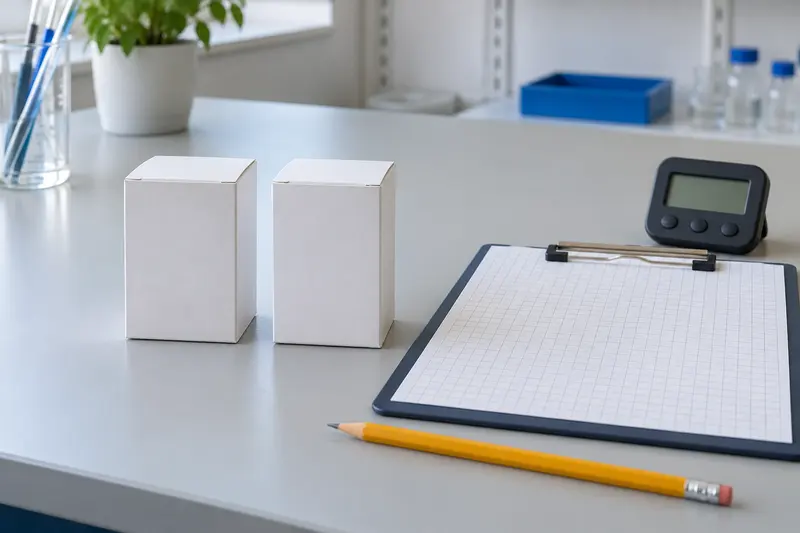 Two similar plain sample cartons beside a blank clipboard and timer.