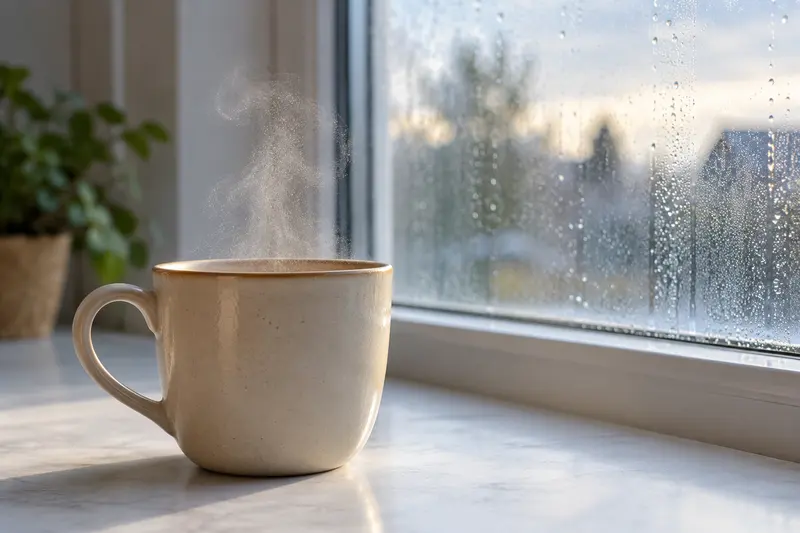 Warm mug near a cool window with a faint wisp of mist and small droplets on the glass.