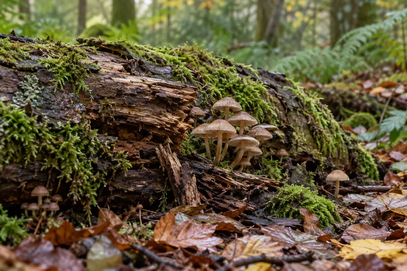 Woodland fungi growing beside a decaying fallen log.