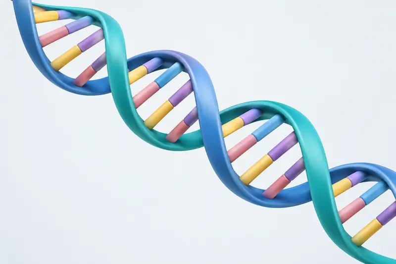 Simplified DNA double helix with two outer strands joined by paired coloured rungs.