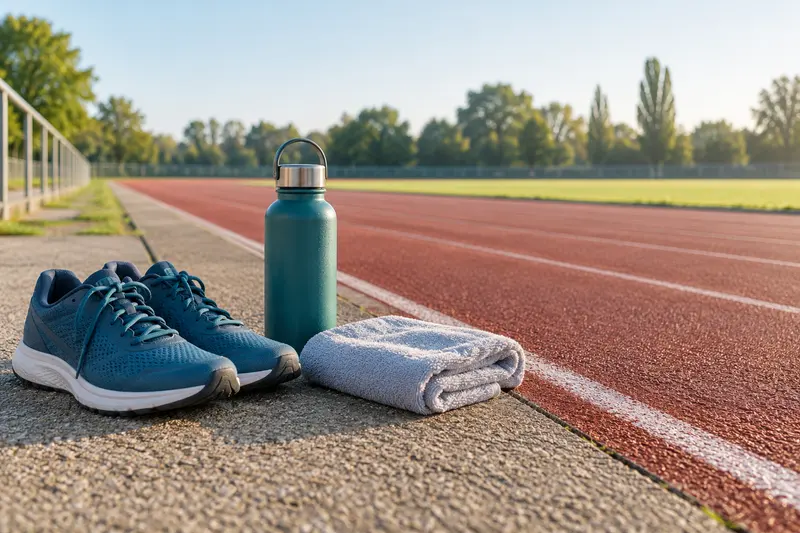 Running shoes, water bottle and towel beside an empty running track.