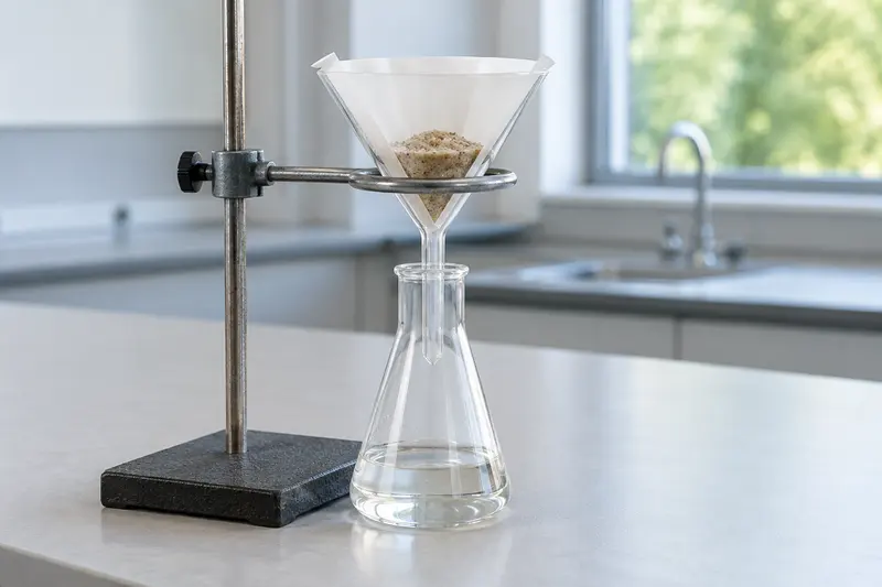 Filter paper holding sand in a supported funnel above a flask containing clear liquid.