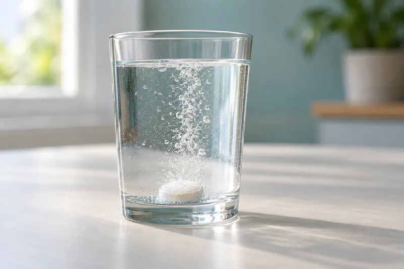 Small bubbles rising from an effervescent tablet in a glass of water.