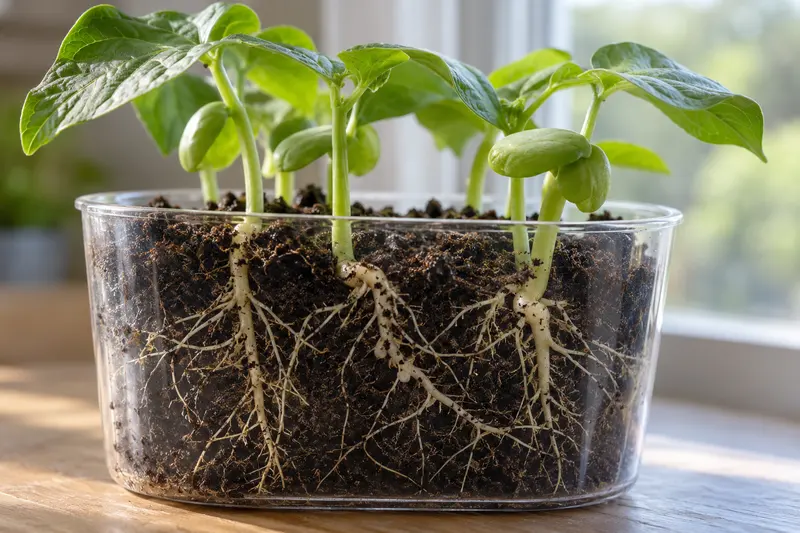 Bean seedlings with roots visible through the side of a clear pot.