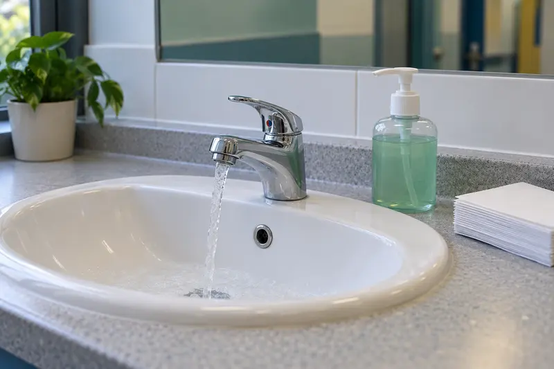 Running tap, soap pump and paper towels beside a washbasin.