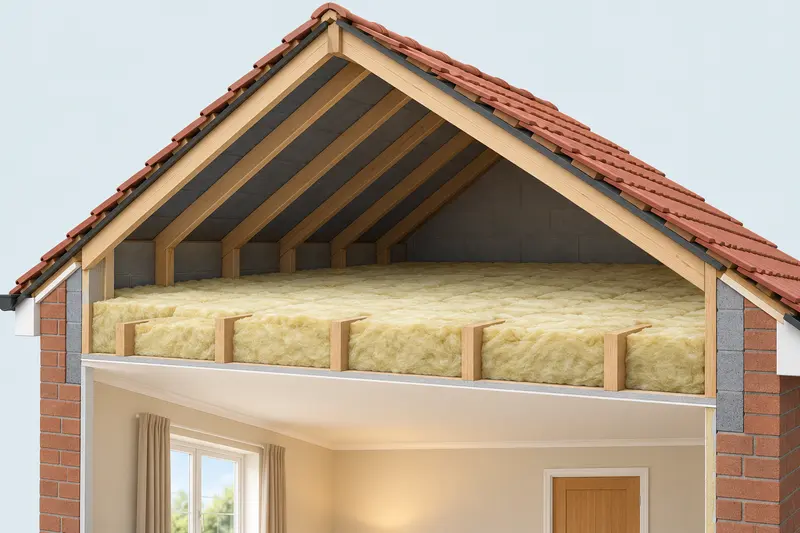 House cutaway with an insulation layer across the loft floor above the room ceiling.