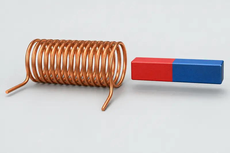 Copper-wire coil with two free ends beside an aligned bar magnet.