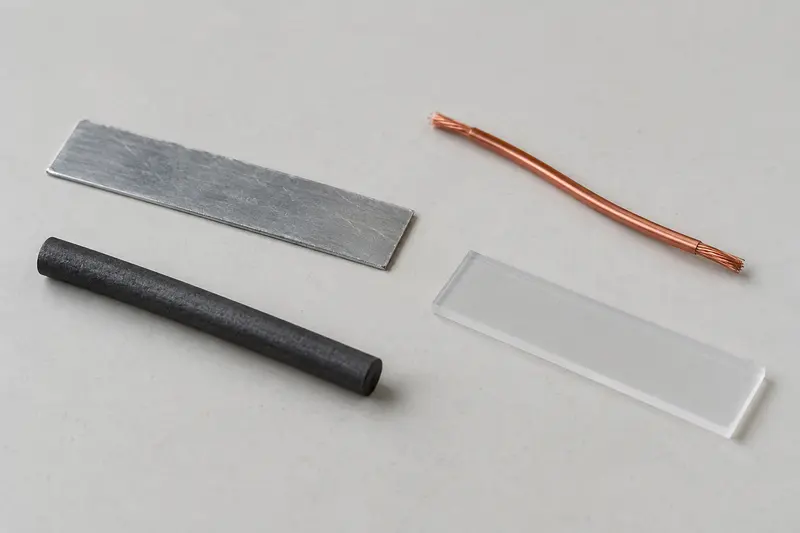 Metal strip, copper-coloured wire, dark graphite rod and clear material strip on a table.
