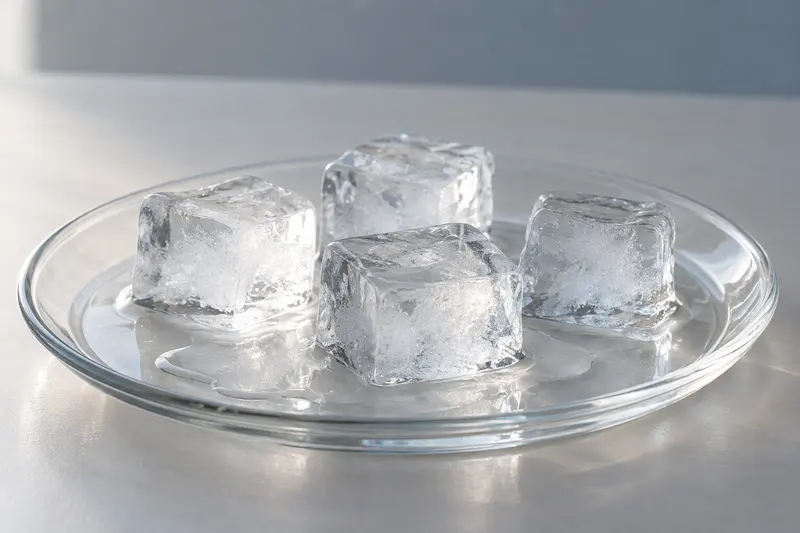 Ice cubes partly melted in a shallow dish of water.