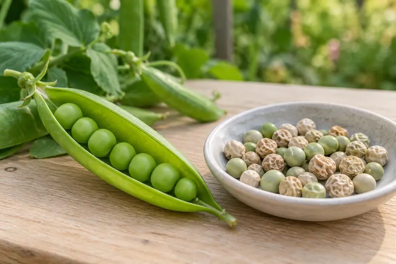 Fresh peas in an open pod beside a dish of smooth and wrinkled dry peas.