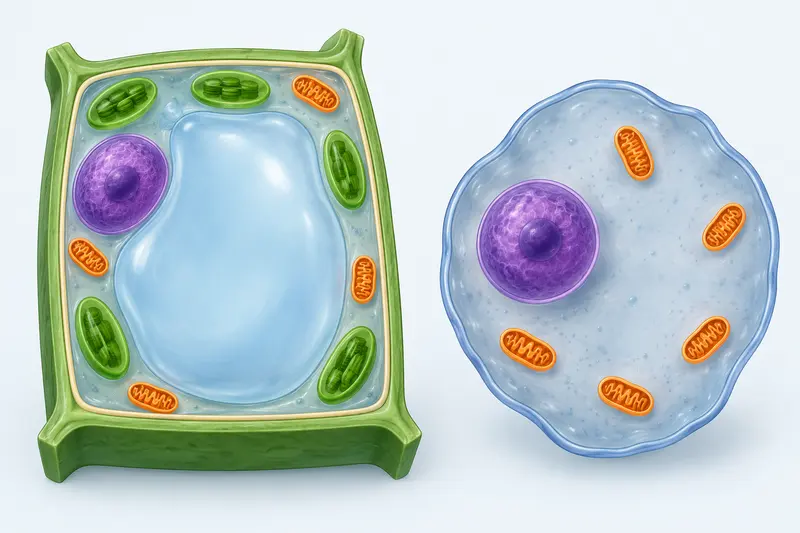 Cutaway plant cell on the left with a wall, large vacuole and chloroplasts; animal cell on the right without these features.