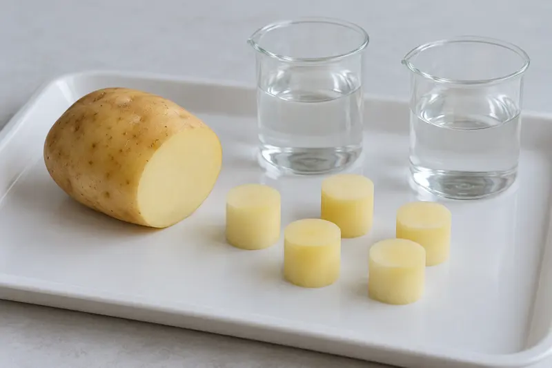 Cut potato and several potato cylinders of differing lengths beside two beakers.