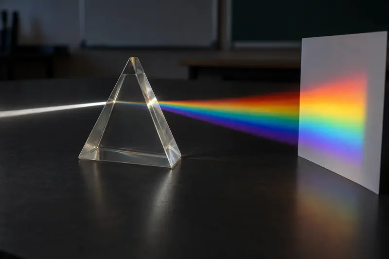 White light entering a glass prism and a separated spectrum reaching a white card.