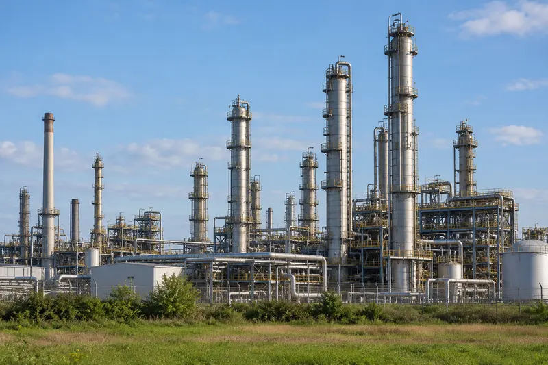 Industrial refinery towers and pipework in daylight.