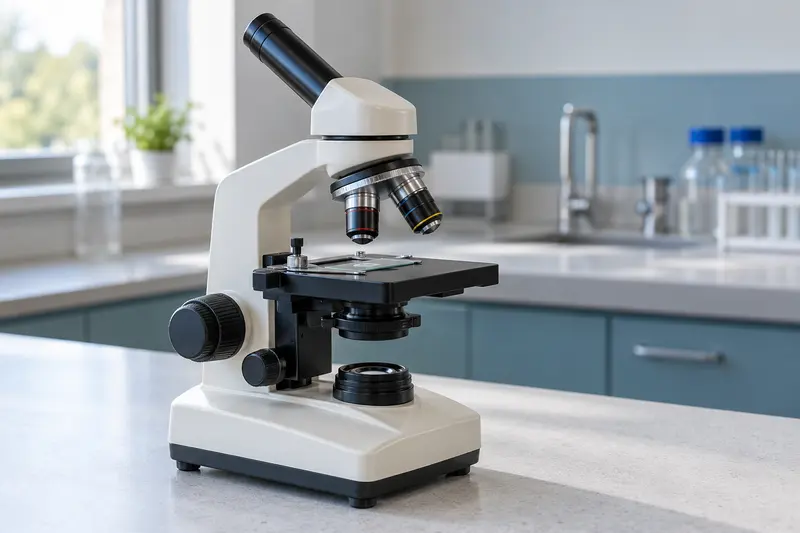 School light microscope with a slide on the stage beneath an objective.