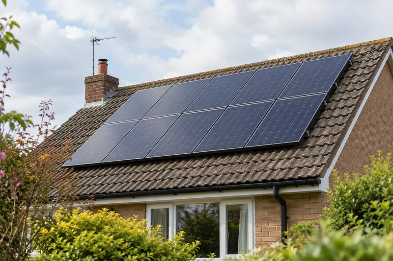 Photovoltaic panels fitted to an ordinary house roof.