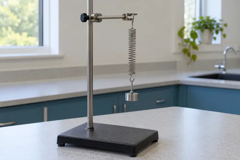 Vertical spring supporting a mass hanger from a clamp stand.
